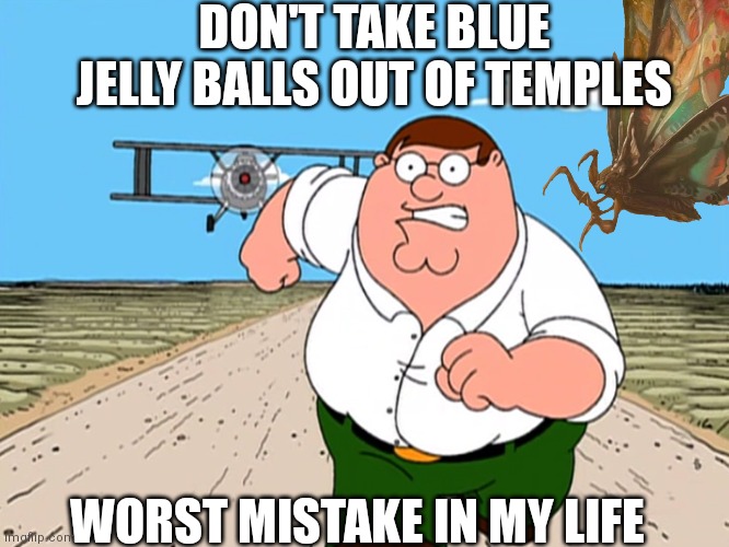 Peter Griffin running away | DON'T TAKE BLUE JELLY BALLS OUT OF TEMPLES; WORST MISTAKE IN MY LIFE | image tagged in peter griffin running away | made w/ Imgflip meme maker
