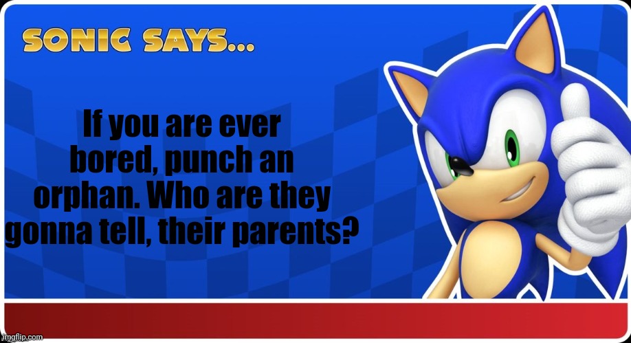 Sonic Says (S&ASR) | If you are ever bored, punch an orphan. Who are they gonna tell, their parents? | image tagged in sonic says s asr | made w/ Imgflip meme maker