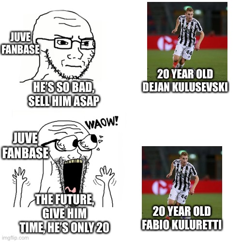 Waow Wojak | JUVE FANBASE; 20 YEAR OLD DEJAN KULUSEVSKI; HE’S SO BAD, SELL HIM ASAP; JUVE FANBASE; THE FUTURE, GIVE HIM TIME, HE’S ONLY 20; 20 YEAR OLD FABIO KULURETTI | image tagged in waow wojak | made w/ Imgflip meme maker