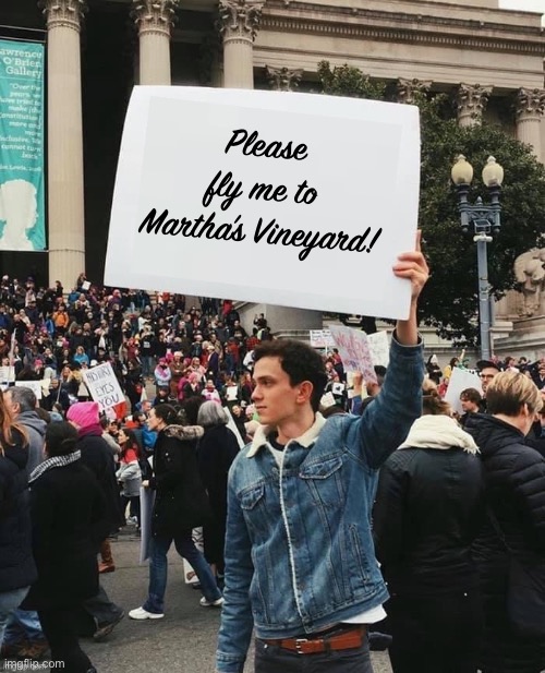 Man holding sign | Please fly me to Martha’s Vineyard! | image tagged in man holding sign | made w/ Imgflip meme maker