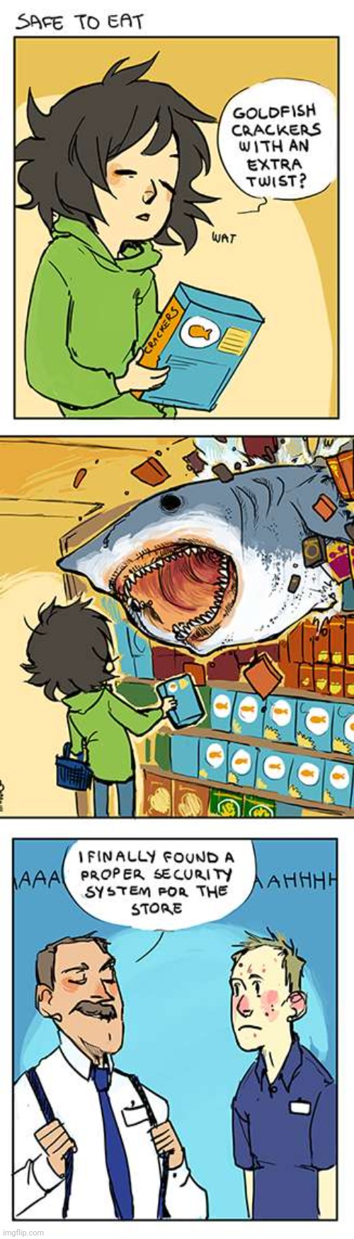 The Shark that snaps back | image tagged in sharks,shark,goldfish crackers,comics,comic,comics/cartoons | made w/ Imgflip meme maker