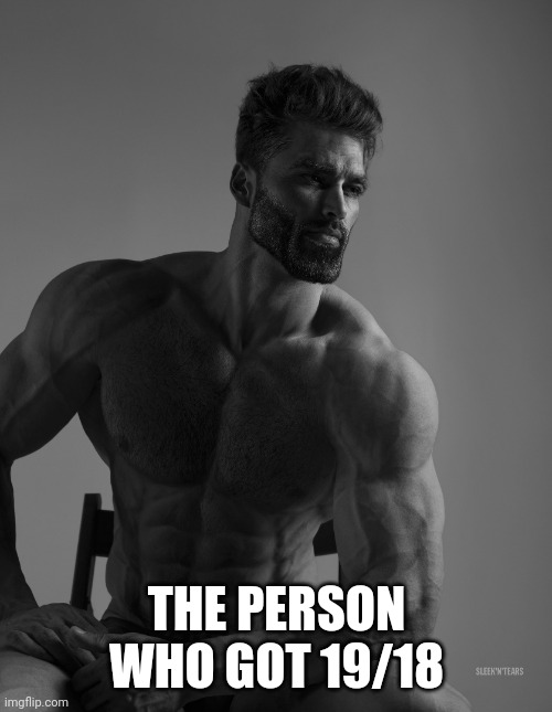 Giga Chad | THE PERSON WHO GOT 19/18 | image tagged in giga chad | made w/ Imgflip meme maker