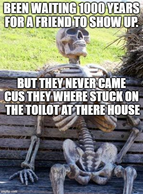 Waiting Skeleton Meme | BEEN WAITING 1000 YEARS FOR A FRIEND TO SHOW UP. BUT THEY NEVER CAME CUS THEY WHERE STUCK ON  THE TOILOT AT THERE HOUSE | image tagged in memes,waiting skeleton | made w/ Imgflip meme maker