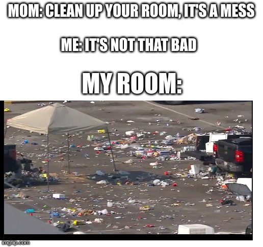 yeah | MOM: CLEAN UP YOUR ROOM, IT'S A MESS; ME: IT'S NOT THAT BAD; MY ROOM: | image tagged in blank white template,relatable | made w/ Imgflip meme maker
