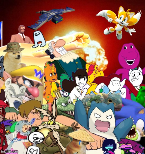 Me and the boys on our way to area 51 | image tagged in nuke,barney the dinosaur,sonic the hedgehog,swole,alastor hazbin hotel,pokemon | made w/ Imgflip meme maker