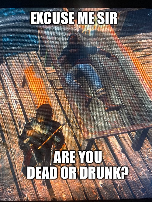 Caught this while playing Assassin’s Creed | EXCUSE ME SIR; ARE YOU DEAD OR DRUNK? | image tagged in assassins creed,black flag | made w/ Imgflip meme maker