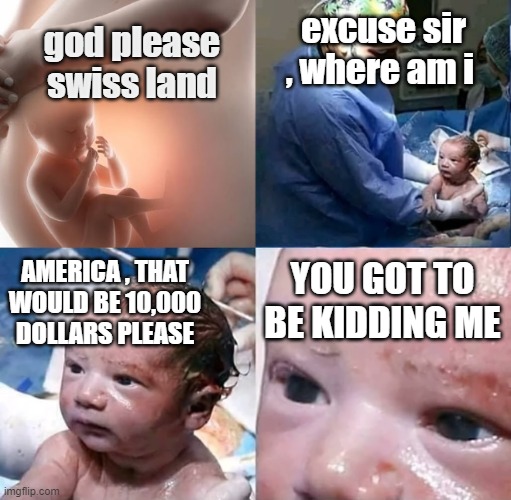 God, Please (newborn baby) | excuse sir , where am i; god please swiss land; YOU GOT TO BE KIDDING ME; AMERICA , THAT WOULD BE 10,000 DOLLARS PLEASE | image tagged in god please newborn baby | made w/ Imgflip meme maker