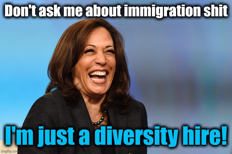 Your empty diversity pantsuit vice president | Don't ask me about immigration shit; I'm just a diversity hire! | image tagged in kamala harris laughing,memes,kamala harris,democrats,empty pantsuit,diversity hire | made w/ Imgflip meme maker