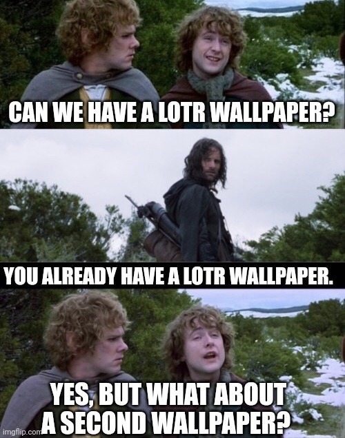 Pippin Second Breakfast | CAN WE HAVE A LOTR WALLPAPER? YOU ALREADY HAVE A LOTR WALLPAPER. YES, BUT WHAT ABOUT A SECOND WALLPAPER? | image tagged in pippin second breakfast | made w/ Imgflip meme maker