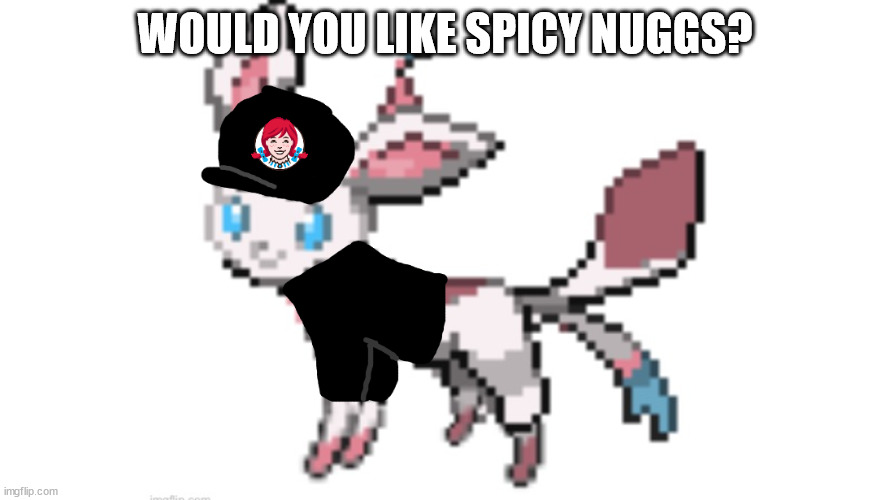 wendy's sylceon | WOULD YOU LIKE SPICY NUGGS? | image tagged in wendy's sylceon | made w/ Imgflip meme maker