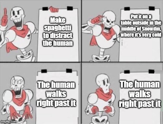 Papyrus plan | Put it on a table outside in the middle of Snowdin, where it's very cold; Make spaghetti to distract the human; The human walks right past it; The human walks right past it | image tagged in papyrus plan | made w/ Imgflip meme maker
