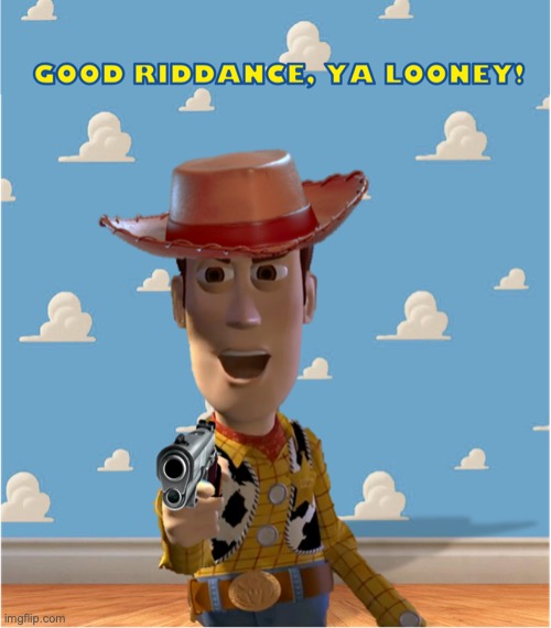 Good riddance, ya looney! | image tagged in good riddance ya looney,toy story,woody,buzz and woody,how dare you | made w/ Imgflip meme maker