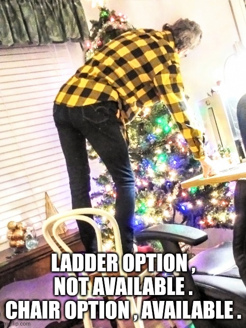 Christmas tree decorating | LADDER OPTION , NOT AVAILABLE .
CHAIR OPTION , AVAILABLE . | image tagged in christmas tree decorating | made w/ Imgflip meme maker