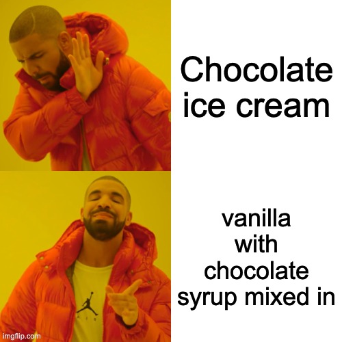 Drake Hotline Bling Meme | Chocolate ice cream; vanilla with chocolate syrup mixed in | image tagged in memes,drake hotline bling | made w/ Imgflip meme maker