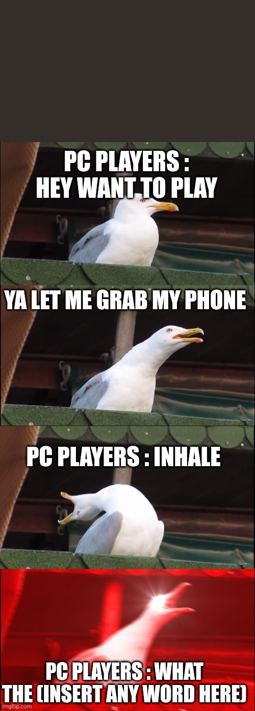 Mobile gamers | PC PLAYERS : HEY WANT TO PLAY; YA LET ME GRAB MY PHONE; PC PLAYERS : INHALE; PC PLAYERS : WHAT THE (INSERT ANY WORD HERE) | image tagged in memes,inhaling seagull | made w/ Imgflip meme maker