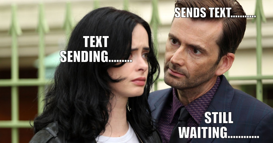 THE SERVICE IS SUPER SLOW! | SENDS TEXT........... TEXT SENDING......... STILL WAITING............ | image tagged in jessica jones death stare,meme | made w/ Imgflip meme maker