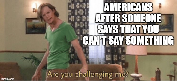 are you challenging me | AMERICANS AFTER SOMEONE SAYS THAT YOU CAN'T SAY SOMETHING | image tagged in are you challenging me | made w/ Imgflip meme maker