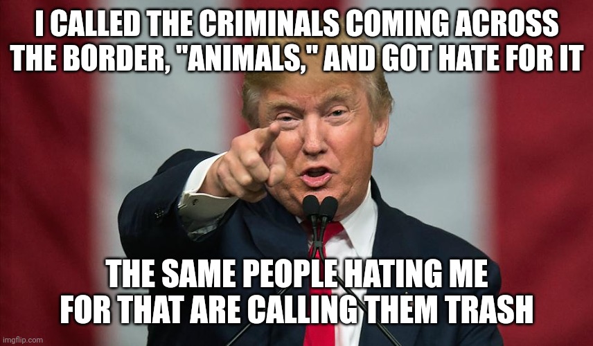 Donald Trump Birthday | I CALLED THE CRIMINALS COMING ACROSS THE BORDER, "ANIMALS," AND GOT HATE FOR IT THE SAME PEOPLE HATING ME FOR THAT ARE CALLING THEM TRASH | image tagged in donald trump birthday | made w/ Imgflip meme maker