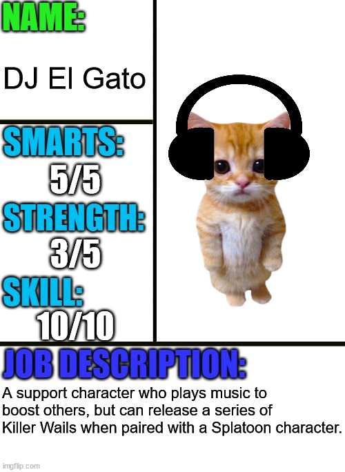 Antiboss-heroes template | DJ El Gato; 5/5; 3/5; 10/10; A support character who plays music to boost others, but can release a series of Killer Wails when paired with a Splatoon character. | image tagged in antiboss-heroes template | made w/ Imgflip meme maker