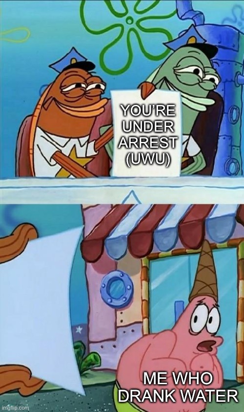 patrick scared | YOU’RE UNDER
ARREST
(UWU) ME WHO DRANK WATER | image tagged in patrick scared | made w/ Imgflip meme maker