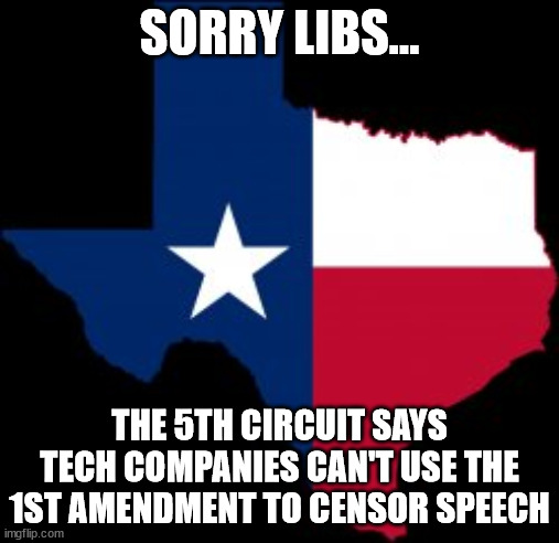 Sorry... censorship is not allowed | SORRY LIBS... THE 5TH CIRCUIT SAYS TECH COMPANIES CAN'T USE THE 1ST AMENDMENT TO CENSOR SPEECH | image tagged in corrupt,social media | made w/ Imgflip meme maker
