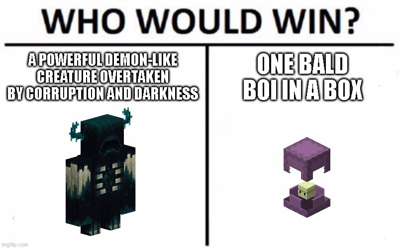 The Warden in Minecraft be like | A POWERFUL DEMON-LIKE CREATURE OVERTAKEN BY CORRUPTION AND DARKNESS; ONE BALD BOI IN A BOX | image tagged in memes,who would win | made w/ Imgflip meme maker