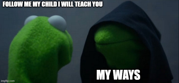 Evil Kermit | FOLLOW ME MY CHILD I WILL TEACH YOU; MY WAYS | image tagged in memes,evil kermit | made w/ Imgflip meme maker