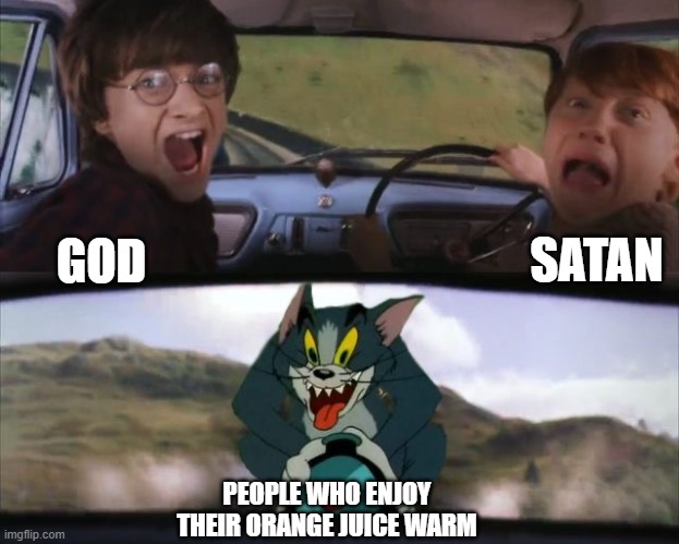 Warm Orange Juice | SATAN; GOD; PEOPLE WHO ENJOY THEIR ORANGE JUICE WARM | image tagged in tom chasing harry and ron weasly | made w/ Imgflip meme maker