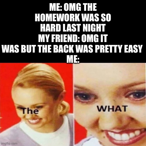 Panik | ME: OMG THE HOMEWORK WAS SO HARD LAST NIGHT
MY FRIEND: OMG IT WAS BUT THE BACK WAS PRETTY EASY 
ME: | image tagged in the what,middle school,homework,surprised,scary | made w/ Imgflip meme maker