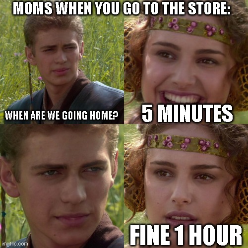 LIKE WHY MOM |  MOMS WHEN YOU GO TO THE STORE:; WHEN ARE WE GOING HOME? 5 MINUTES; FINE 1 HOUR | image tagged in anakin padme 4 panel,funny memes,funny meme,memes,meme,lol so funny | made w/ Imgflip meme maker