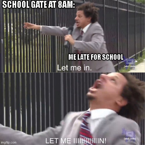 When we are late for school... | SCHOOL GATE AT 8AM:; ME LATE FOR SCHOOL | image tagged in let me in | made w/ Imgflip meme maker