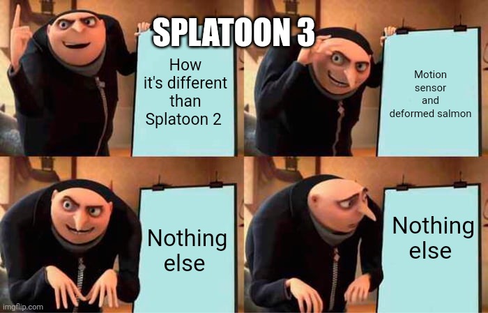 The sad truth | SPLATOON 3; How it's different than Splatoon 2; Motion sensor and deformed salmon; Nothing else; Nothing else | image tagged in memes,gru's plan | made w/ Imgflip meme maker