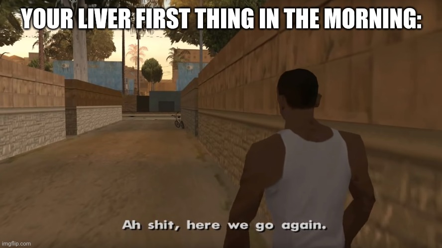 GTA San Andreas "Ah shit, here we go again." | YOUR LIVER FIRST THING IN THE MORNING: | image tagged in gta san andreas ah shit here we go again | made w/ Imgflip meme maker