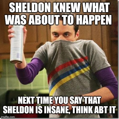 He knew...... | SHELDON KNEW WHAT WAS ABOUT TO HAPPEN; NEXT TIME YOU SAY THAT SHELDON IS INSANE, THINK ABT IT | image tagged in air freshener sheldon cooper,memes,sheldon cooper,the big bang theory,lol,coronavirus | made w/ Imgflip meme maker