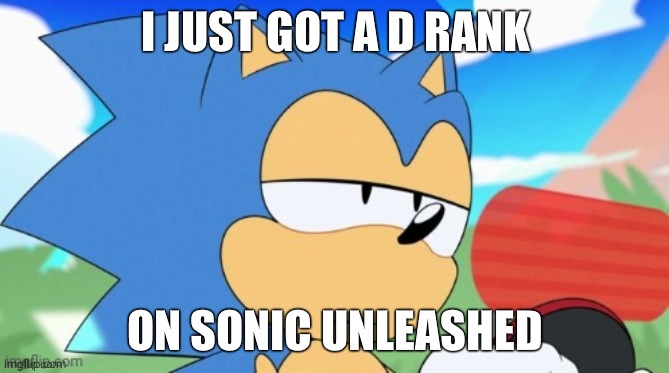 that tells me i suck at the game | I JUST GOT A D RANK; ON SONIC UNLEASHED | image tagged in sonic unamused | made w/ Imgflip meme maker