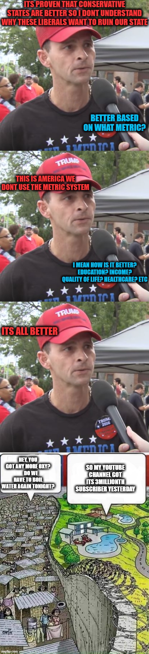 Until January 6, I felt a little badly for them sometimes. | ITS PROVEN THAT CONSERVATIVE STATES ARE BETTER SO I DONT UNDERSTAND WHY THESE LIBERALS WANT TO RUIN OUR STATE; BETTER BASED ON WHAT METRIC? THIS IS AMERICA WE DONT USE THE METRIC SYSTEM; I MEAN HOW IS IT BETTER? EDUCATION? INCOME? QUALITY OF LIFE? HEALTHCARE? ETC; ITS ALL BETTER; HEY, YOU GOT ANY MORE OXY?       DO WE HAVE TO BOIL WATER AGAIN TONIGHT? SO MY YOUTUBE CHANNEL GOT ITS 3MILLIONTH SUBSCRIBER YESTERDAY | image tagged in trump supporter,poor vs rich,maga,memes,politics,lock him up | made w/ Imgflip meme maker