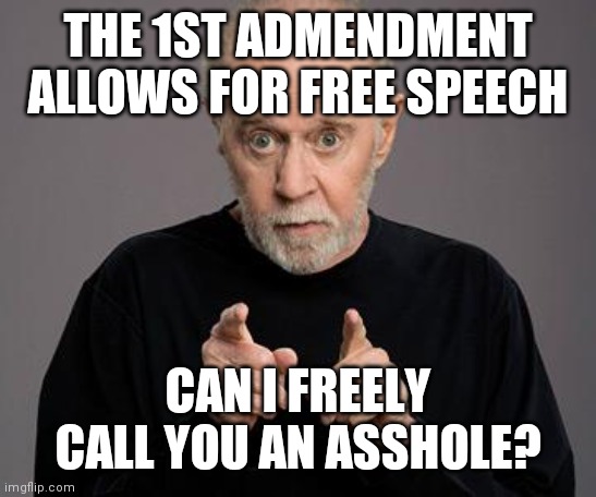 george carlin | THE 1ST ADMENDMENT ALLOWS FOR FREE SPEECH CAN I FREELY CALL YOU AN ASSHOLE? | image tagged in george carlin | made w/ Imgflip meme maker