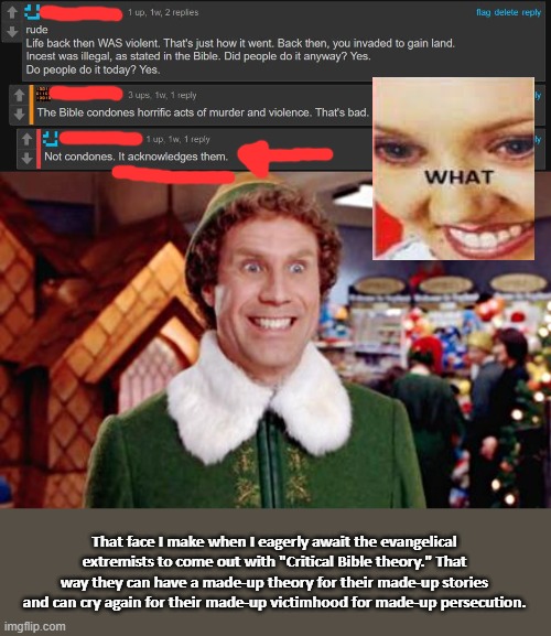 That face I make when I eagerly await the evangelical extremists to come out with "Critical Bible theory." That way they can have a made-up theory for their made-up stories and can cry again for their made-up victimhood for made-up persecution. | image tagged in buddy the elf,critical race theory,evangelicals,maga,oof,holy bible | made w/ Imgflip meme maker