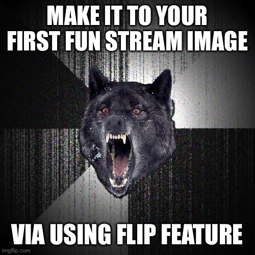 Insanity Wolf | MAKE IT TO YOUR FIRST FUN STREAM IMAGE; VIA USING FLIP FEATURE | image tagged in memes,insanity wolf | made w/ Imgflip meme maker