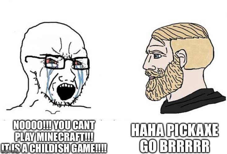 Soyboy Vs Yes Chad | HAHA PICKAXE GO BRRRRR; NOOOO!!! YOU CANT PLAY MINECRAFT!!! IT IS A CHILDISH GAME!!!! | image tagged in soyboy vs yes chad | made w/ Imgflip meme maker