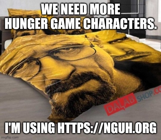 Breaking Bed | WE NEED MORE HUNGER GAME CHARACTERS. I'M USING HTTPS://NGUH.ORG | image tagged in breaking bed | made w/ Imgflip meme maker