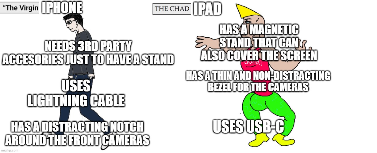 iPhone vs iPad | IPHONE; IPAD; HAS A MAGNETIC STAND THAT CAN ALSO COVER THE SCREEN; NEEDS 3RD PARTY ACCESORIES JUST TO HAVE A STAND; HAS A THIN AND NON-DISTRACTING BEZEL FOR THE CAMERAS; USES LIGHTNING CABLE; USES USB-C; HAS A DISTRACTING NOTCH AROUND THE FRONT CAMERAS | image tagged in virgin and chad,apple inc,ipad,iphone | made w/ Imgflip meme maker