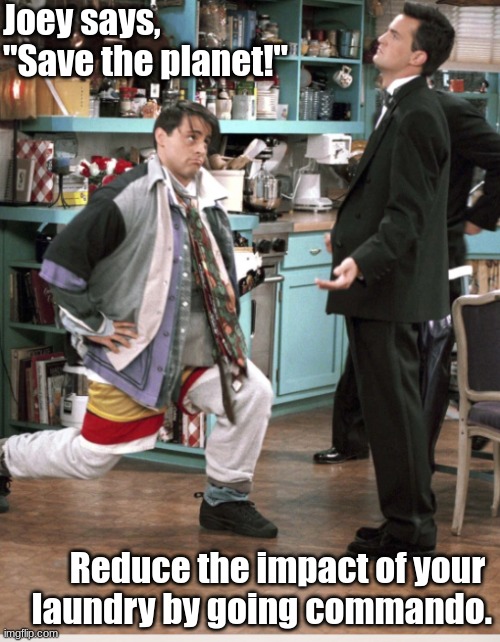 Save the planet |  Joey says, "Save the planet!"; Reduce the impact of your 
laundry by going commando. | image tagged in joey from friends,friends | made w/ Imgflip meme maker