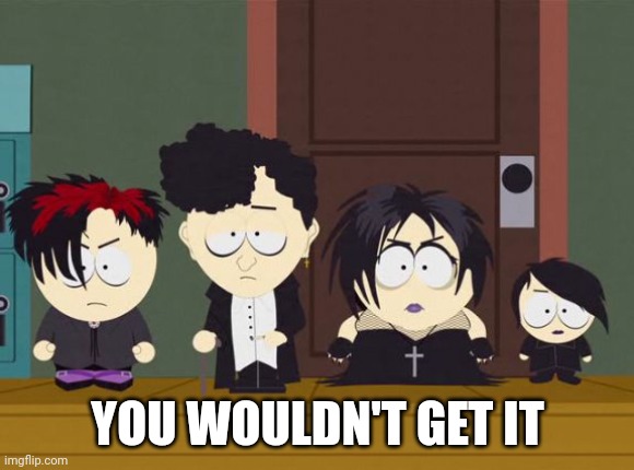 South Park Goth Kids | YOU WOULDN'T GET IT | image tagged in south park goth kids | made w/ Imgflip meme maker