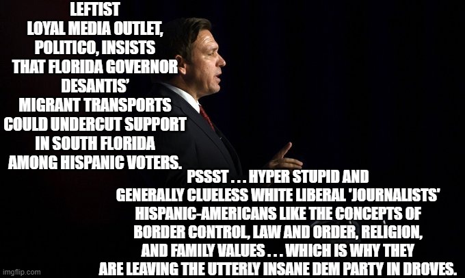 You'd think that even clueless White liberals would have figured this out by now. | LEFTIST LOYAL MEDIA OUTLET, POLITICO, INSISTS THAT FLORIDA GOVERNOR DESANTIS’ MIGRANT TRANSPORTS COULD UNDERCUT SUPPORT IN SOUTH FLORIDA AMONG HISPANIC VOTERS. PSSST . . . HYPER STUPID AND GENERALLY CLUELESS WHITE LIBERAL 'JOURNALISTS' HISPANIC-AMERICANS LIKE THE CONCEPTS OF BORDER CONTROL, LAW AND ORDER, RELIGION, AND FAMILY VALUES . . . WHICH IS WHY THEY ARE LEAVING THE UTTERLY INSANE DEM PARTY IN DROVES. | image tagged in politico | made w/ Imgflip meme maker