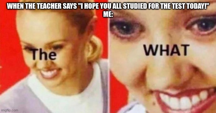 WHAT | WHEN THE TEACHER SAYS "I HOPE YOU ALL STUDIED FOR THE TEST TODAY!"
ME: | image tagged in the what | made w/ Imgflip meme maker