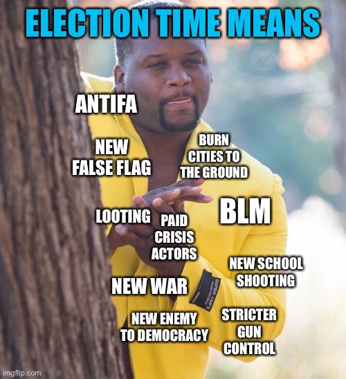 Here they come | ELECTION TIME MEANS; ANTIFA; BURN CITIES TO THE GROUND; NEW FALSE FLAG; BLM; LOOTING; PAID CRISIS ACTORS; NEW SCHOOL SHOOTING; NEW WAR; STRICTER GUN CONTROL; NEW ENEMY TO DEMOCRACY | image tagged in black guy hiding behind tree,government corruption,election | made w/ Imgflip meme maker
