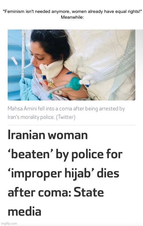 A woman was brutally murdered for not doing something that should be a personal choice. And yet people are saying that women are | "Feminism isn't needed anymore, women already have equal rights!"
Meanwhile: | image tagged in iran,news,i need feminism because | made w/ Imgflip meme maker