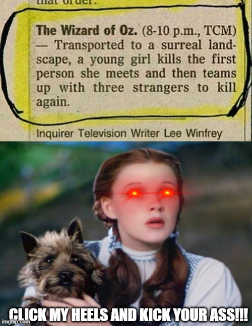 Deadly Dorothy | CLICK MY HEELS AND KICK YOUR ASS!!! | image tagged in toto wizard of oz | made w/ Imgflip meme maker