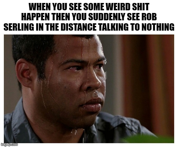 you have just crossed into.... | WHEN YOU SEE SOME WEIRD SHIT HAPPEN THEN YOU SUDDENLY SEE ROB SERLING IN THE DISTANCE TALKING TO NOTHING | image tagged in jordan peele sweating | made w/ Imgflip meme maker